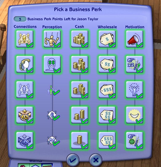 Sims 2 Open for Business business perks panel interface