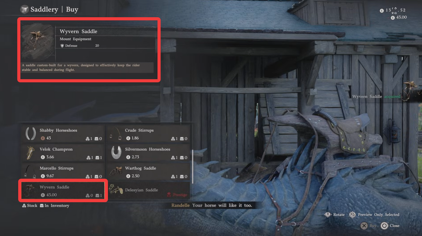 Randelle's Saddlery shop inventory listing the Wyvern Saddle for 43 Silver with 20 Defense in Crimson Desert