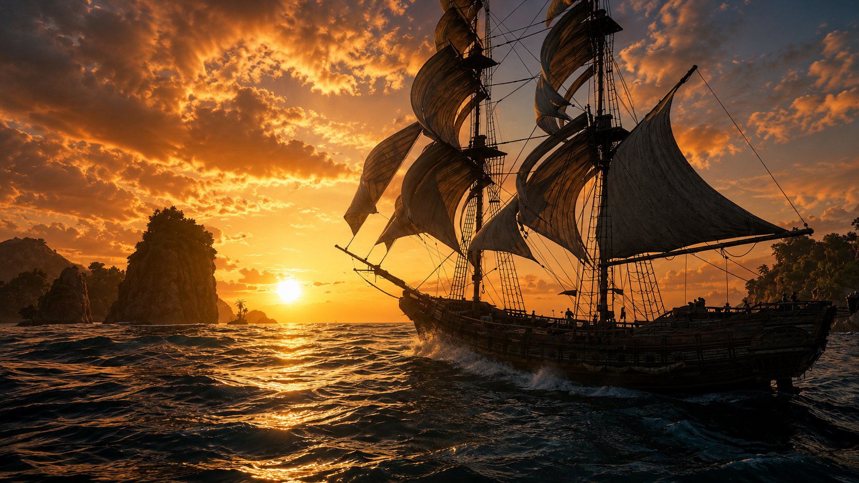 Jackdaw sailing the open Caribbean, showing the fleet/ocean atmosphere
