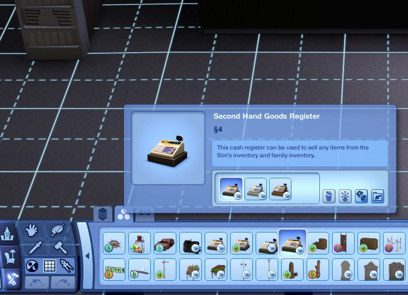 Sims 2 buy mode catalog showing cash register and open closed sign