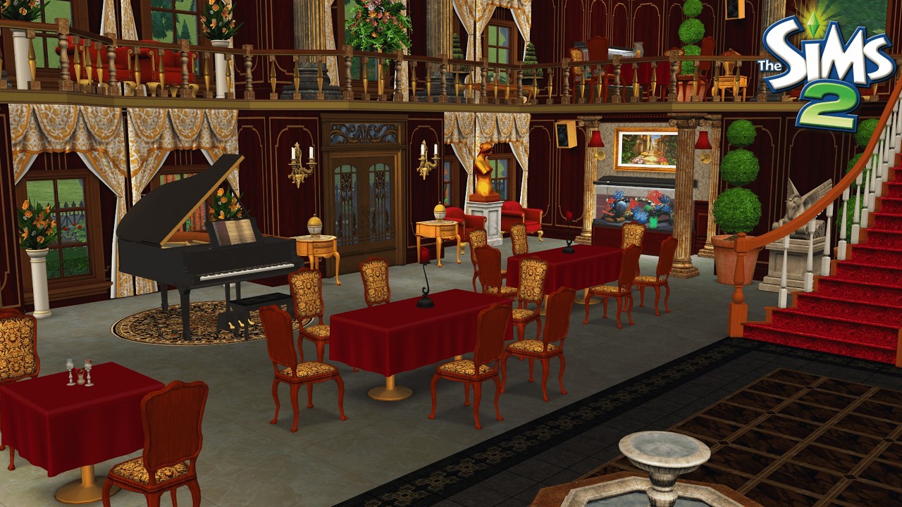 Sims 2 Open for Business restaurant interior with podium chef station tables