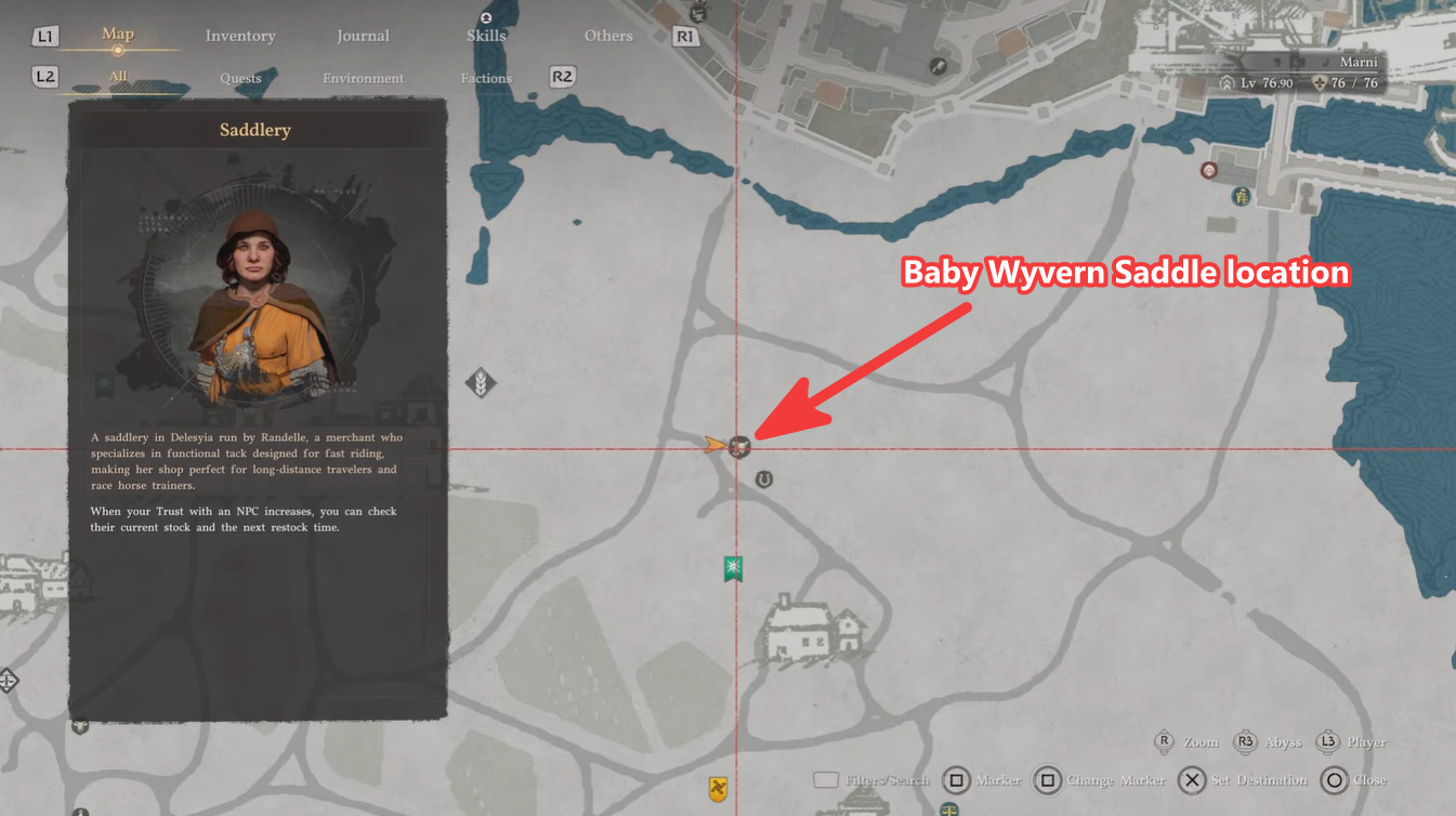 Crimson Desert map showing the Saddlery shop in Eastern Hills, Delesyia where Randelle sells the Wyvern Saddle