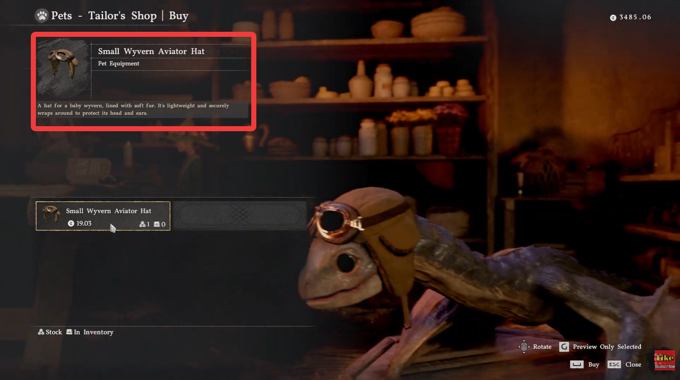 Milou's Pet Tailor shop in Pororin listing the Small Wyvern Aviator Hat for 19.03 Silver in Crimson Desert